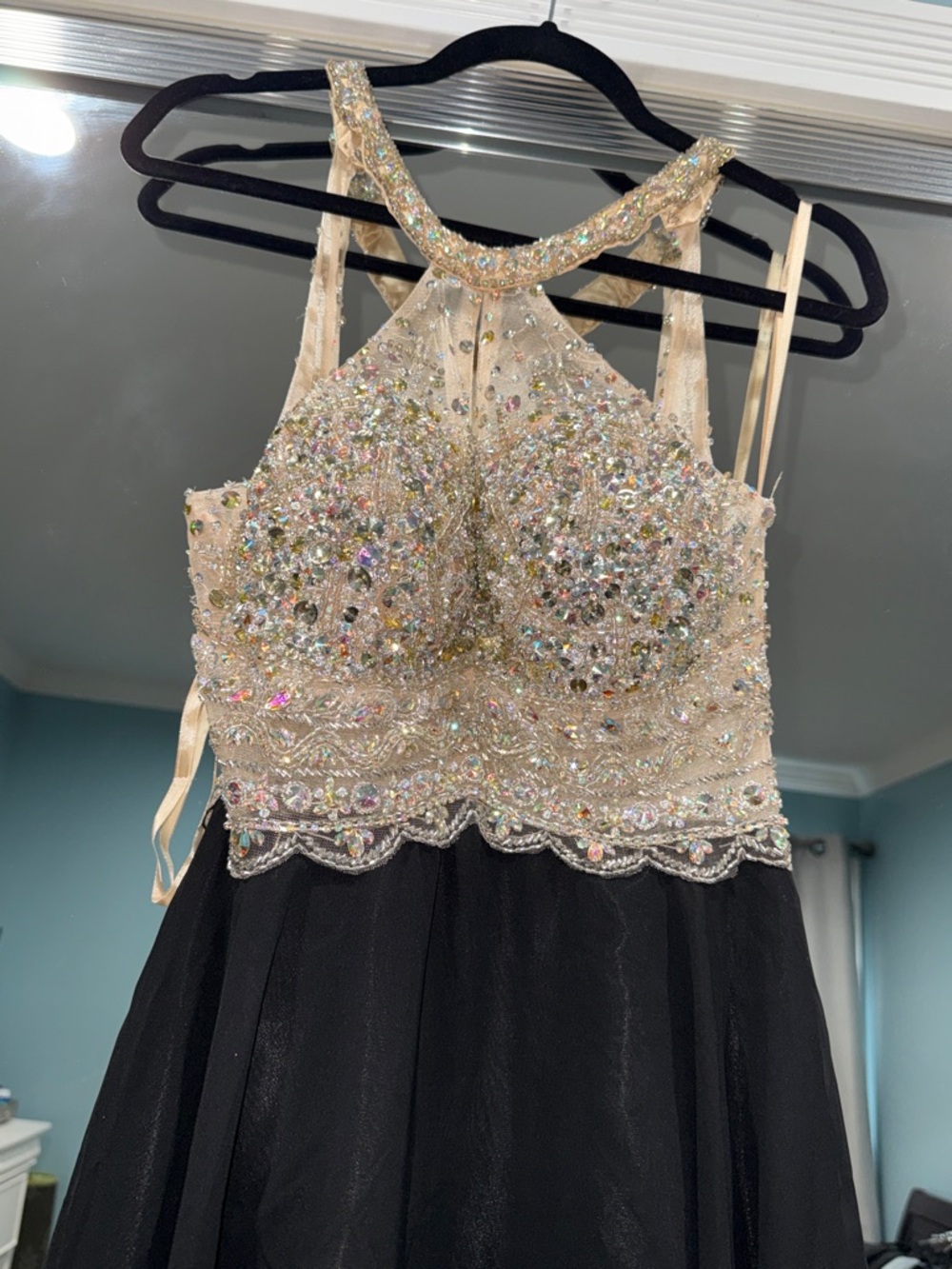 Embellished Halter Prom Dress - Champagne Bodice & Black Skirt